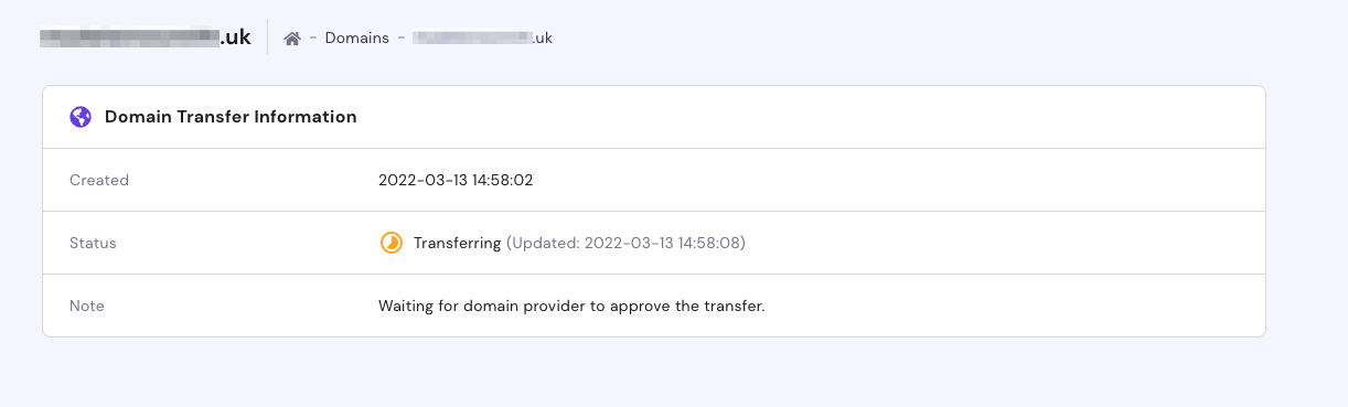A screenshot of the 'Domain transfer information' section within Hostinger